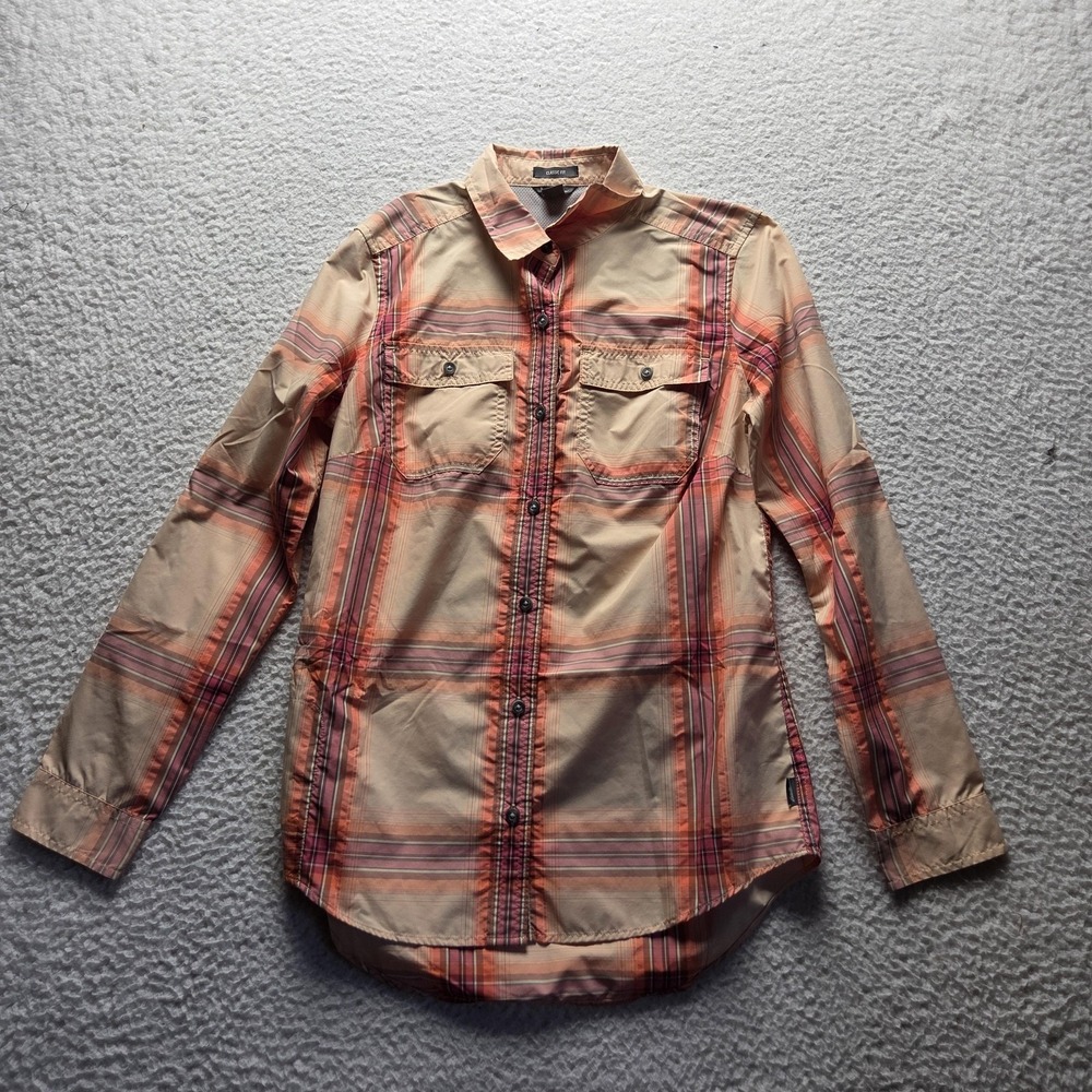 Eddie Bauer Button Up Shirt Womens XS Beige Plaid Long Sleeve Hiking Top